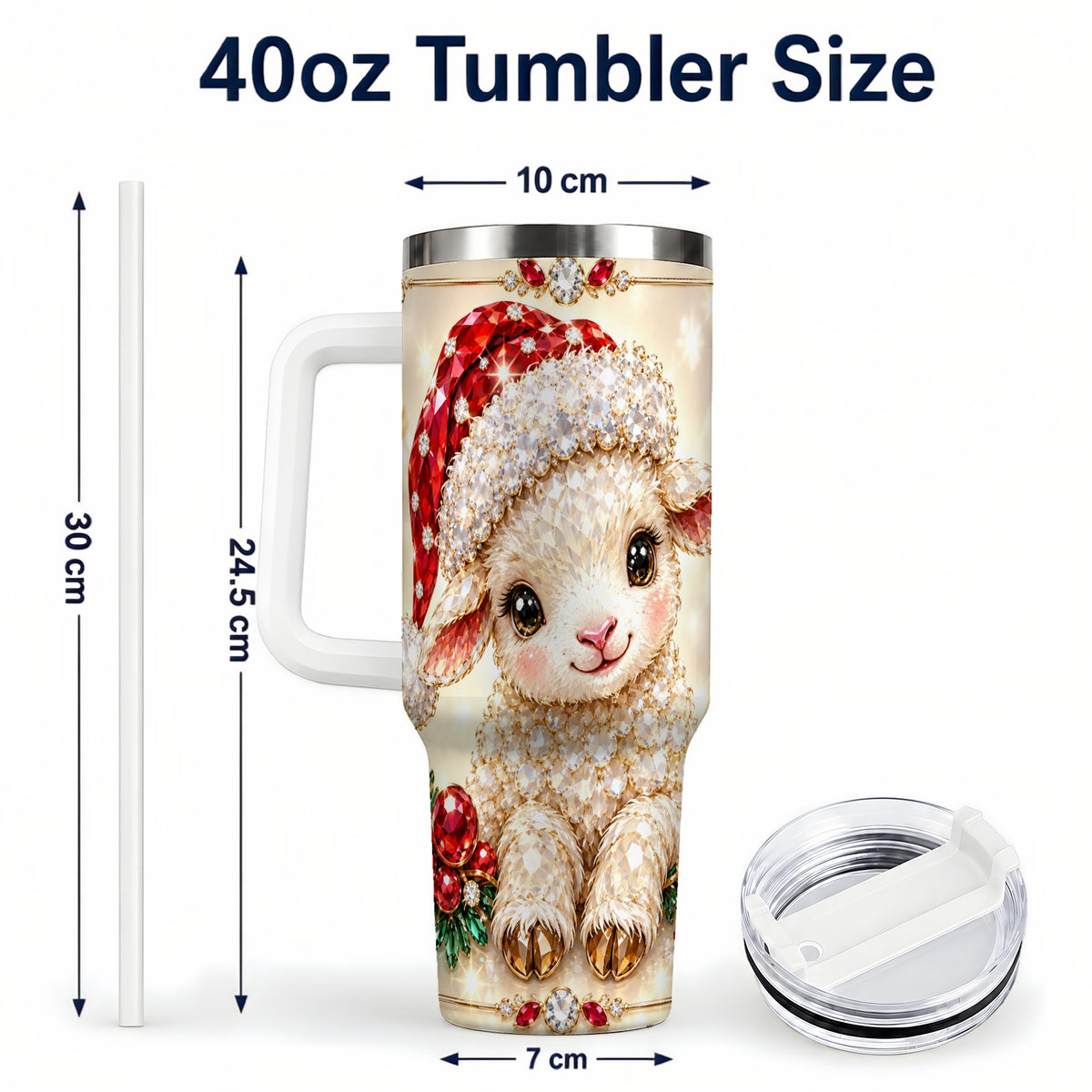 #pl[40oz|White] Crystal Christmas Lamb 40oz Tumbler with Handle, Gemstone Sheep Art