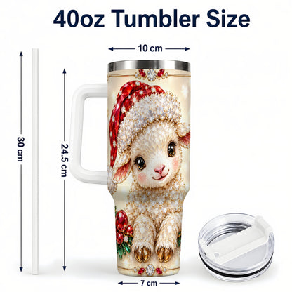 #pl[40oz|White] Crystal Christmas Lamb 40oz Tumbler with Handle, Gemstone Sheep Art