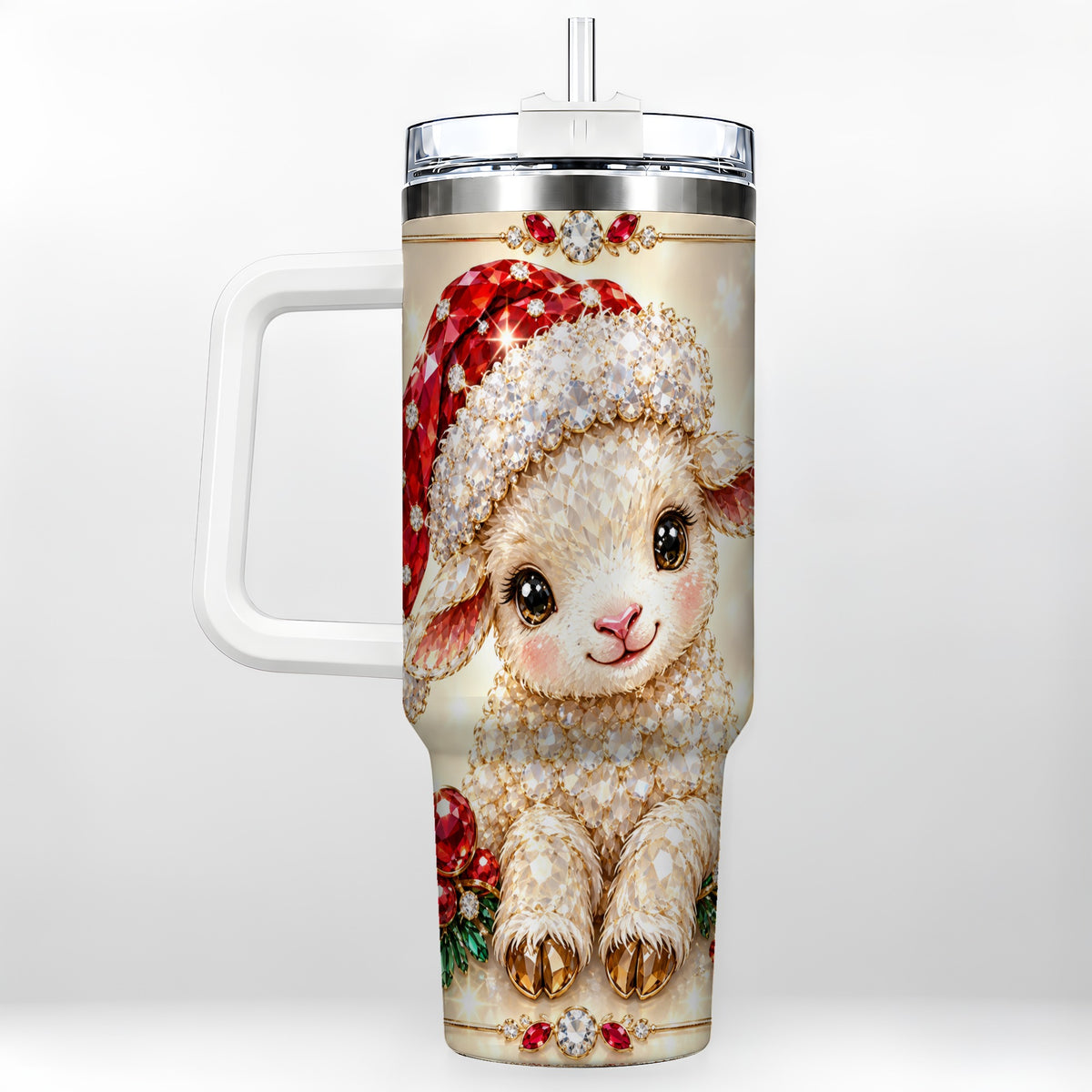 Crystal Christmas Lamb 40oz Tumbler with Handle, Gemstone Sheep Art