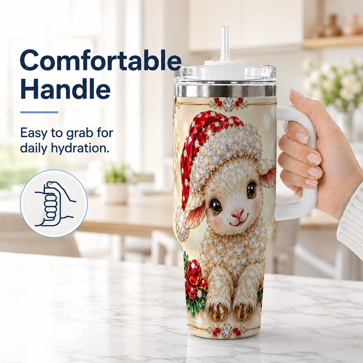 #pl[40oz|White] Crystal Christmas Lamb 40oz Tumbler with Handle, Gemstone Sheep Art