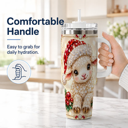 #pl[40oz|White] Crystal Christmas Lamb 40oz Tumbler with Handle, Gemstone Sheep Art