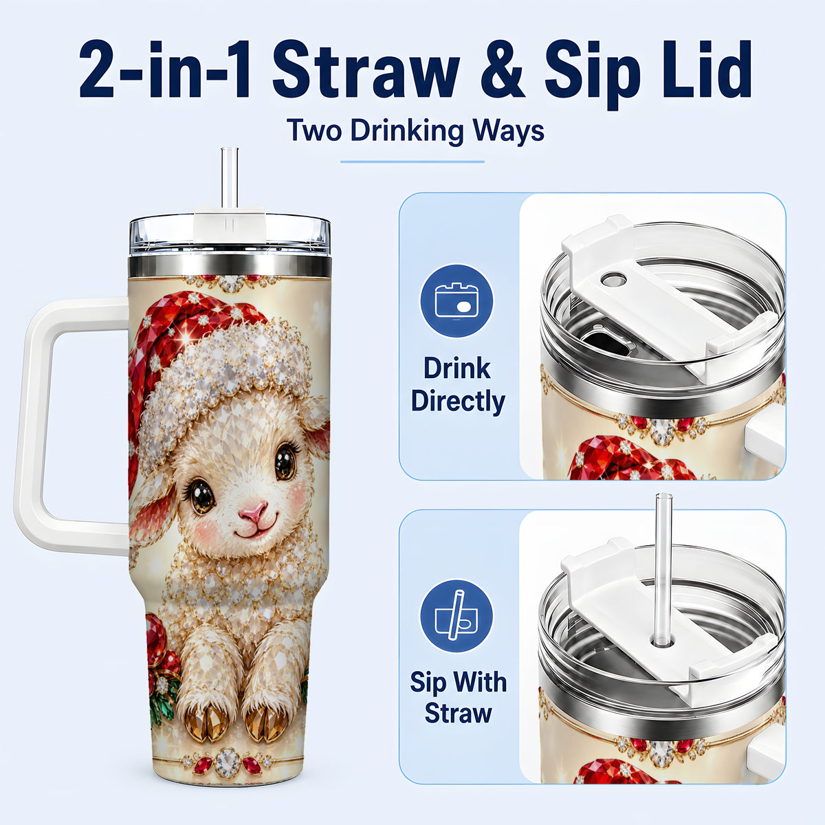 #pl[40oz|White] Crystal Christmas Lamb 40oz Tumbler with Handle, Gemstone Sheep Art