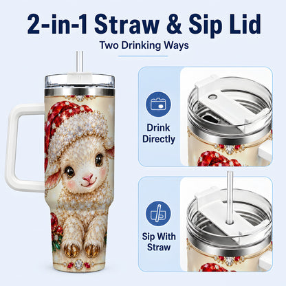 #pl[40oz|White] Crystal Christmas Lamb 40oz Tumbler with Handle, Gemstone Sheep Art
