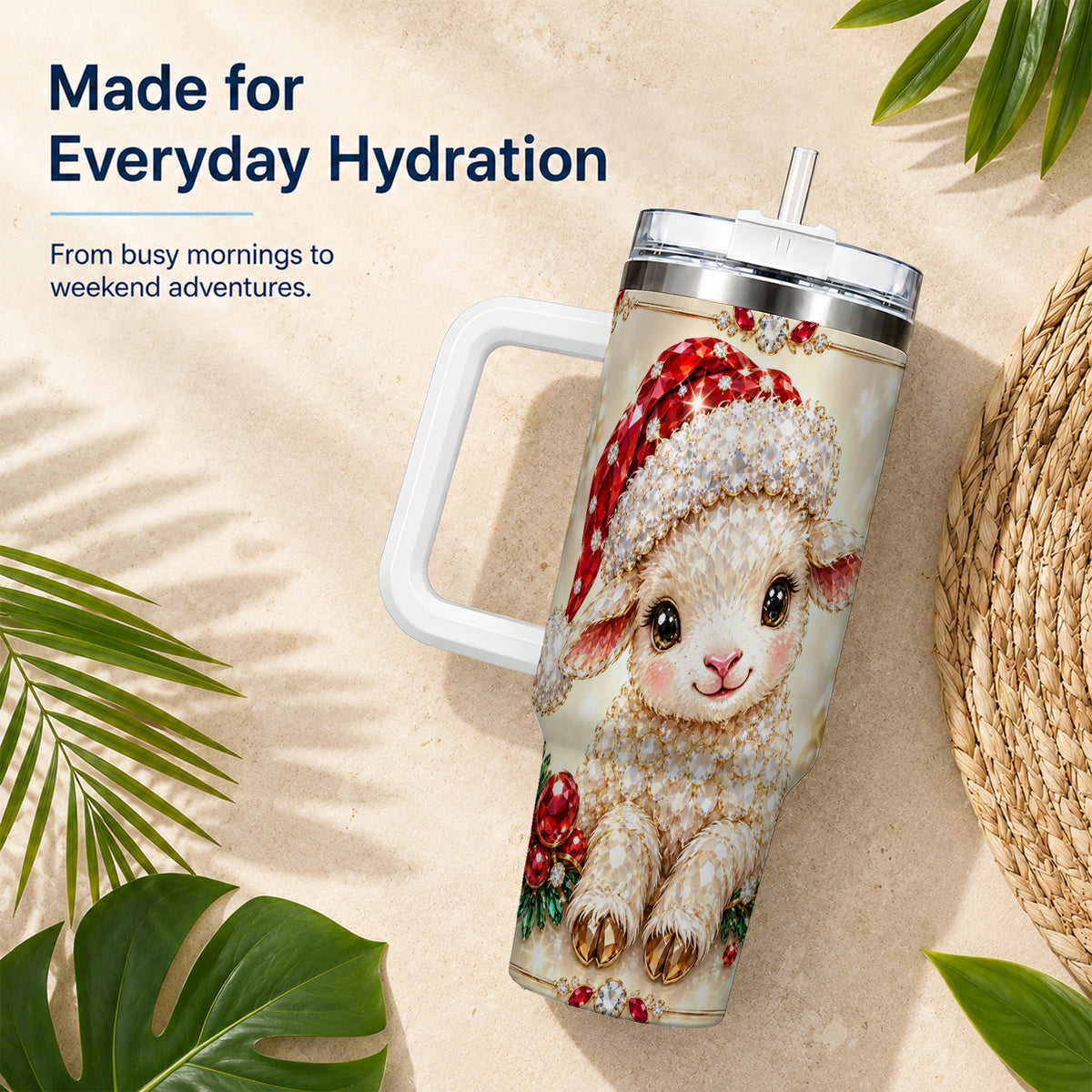 Crystal Christmas Lamb 40oz Tumbler with Handle, Gemstone Sheep Art