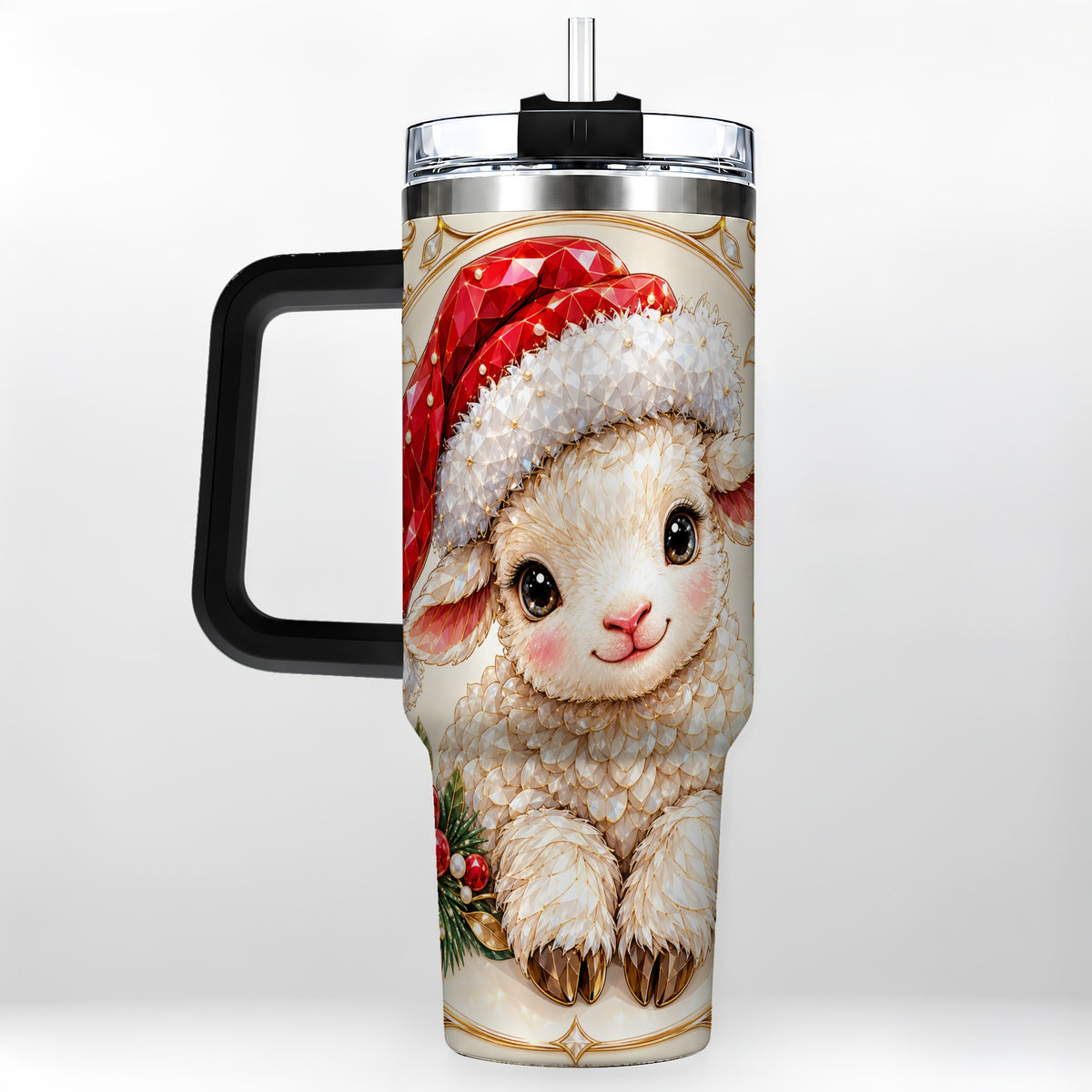 #pl[40oz|Black] Geometric Christmas Lamb 40oz Tumbler with Handle, Ruby Holiday Sheep