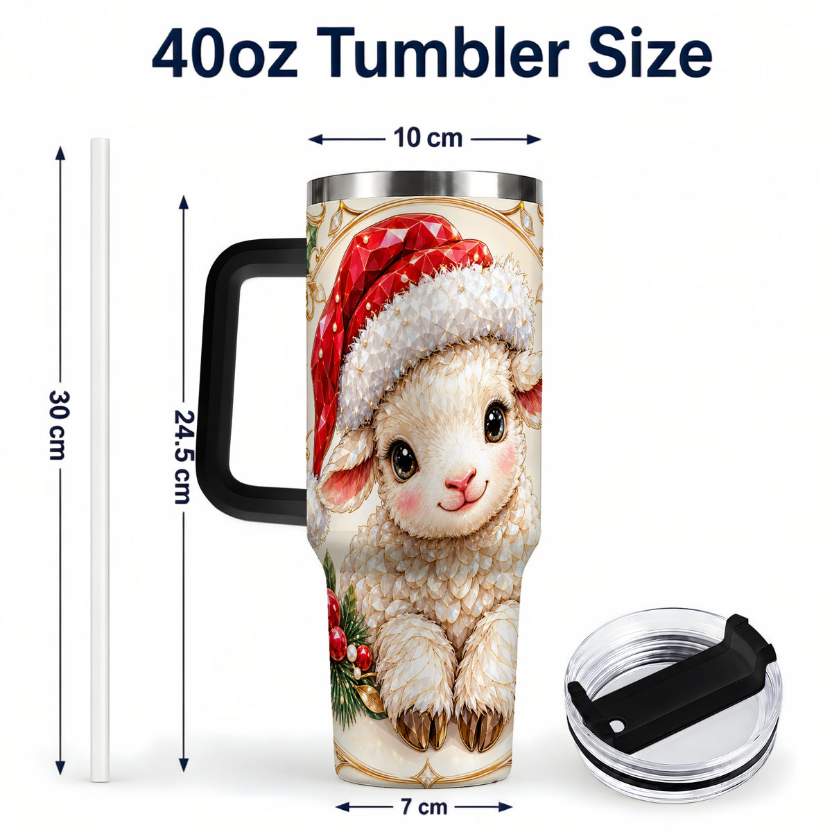 #pl[40oz|Black] Geometric Christmas Lamb 40oz Tumbler with Handle, Ruby Holiday Sheep