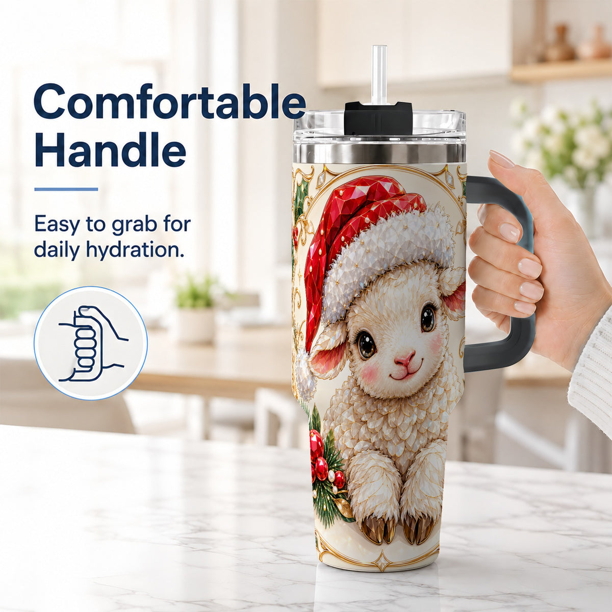#pl[40oz|Black] Geometric Christmas Lamb 40oz Tumbler with Handle, Ruby Holiday Sheep