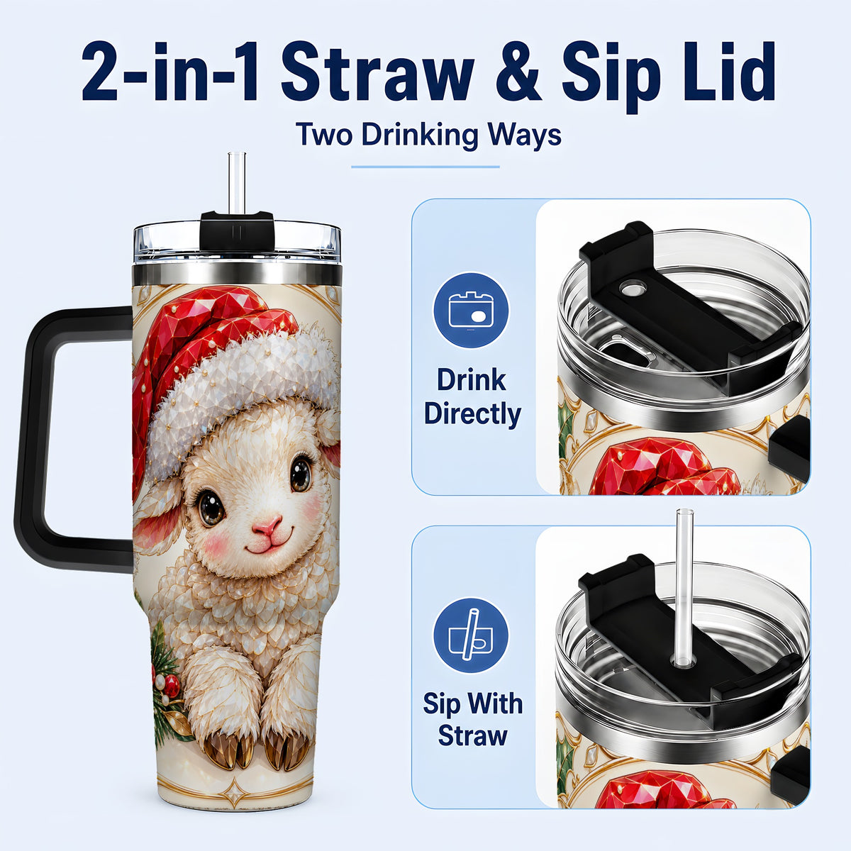 #pl[40oz|Black] Geometric Christmas Lamb 40oz Tumbler with Handle, Ruby Holiday Sheep