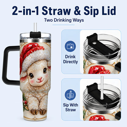 #pl[40oz|Black] Geometric Christmas Lamb 40oz Tumbler with Handle, Ruby Holiday Sheep