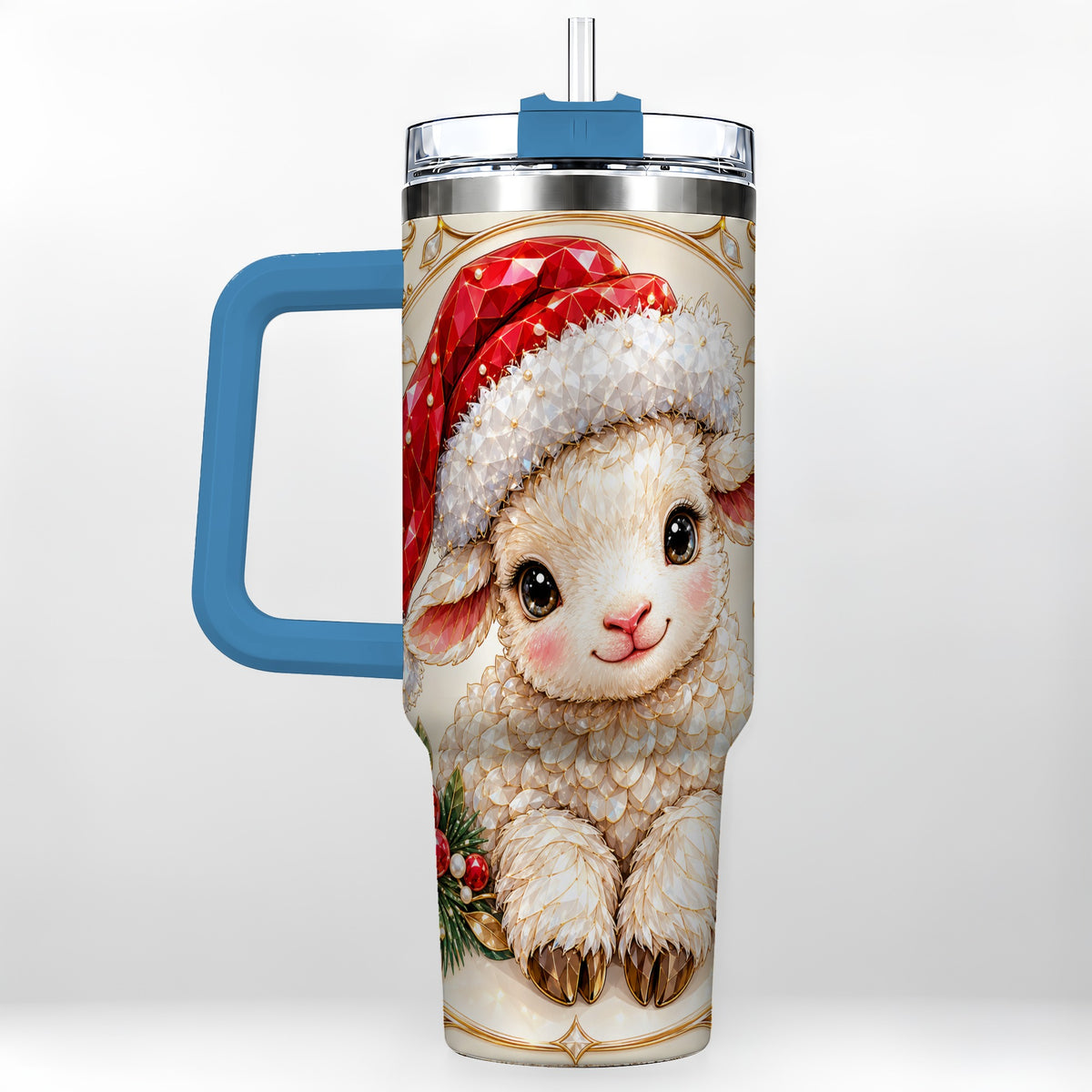 #pl[40oz|Blue] Geometric Christmas Lamb 40oz Tumbler with Handle, Ruby Holiday Sheep