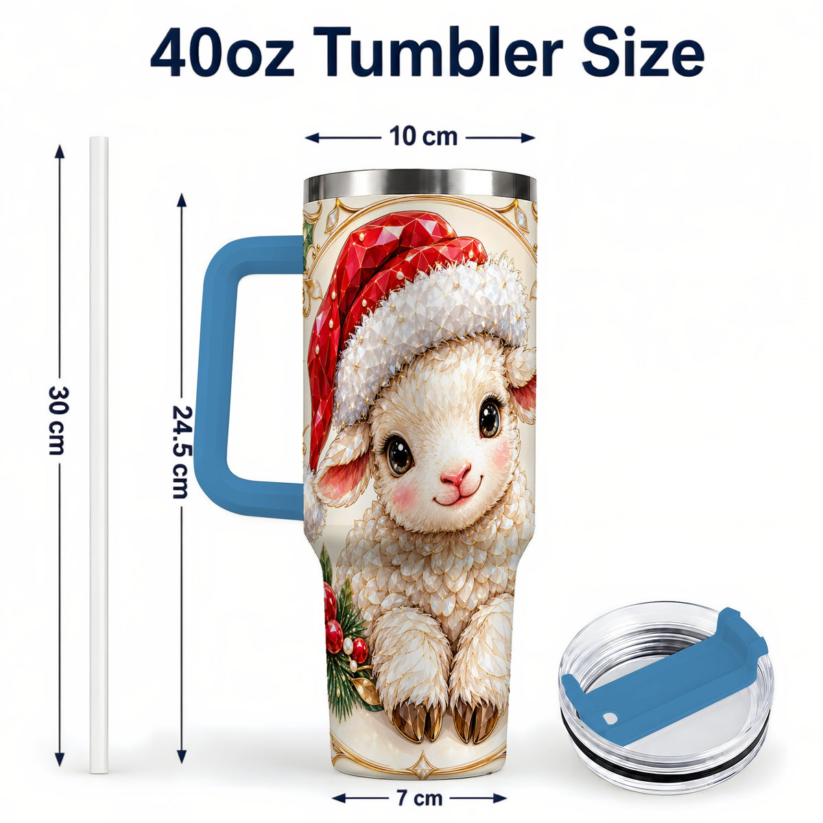 #pl[40oz|Blue] Geometric Christmas Lamb 40oz Tumbler with Handle, Ruby Holiday Sheep