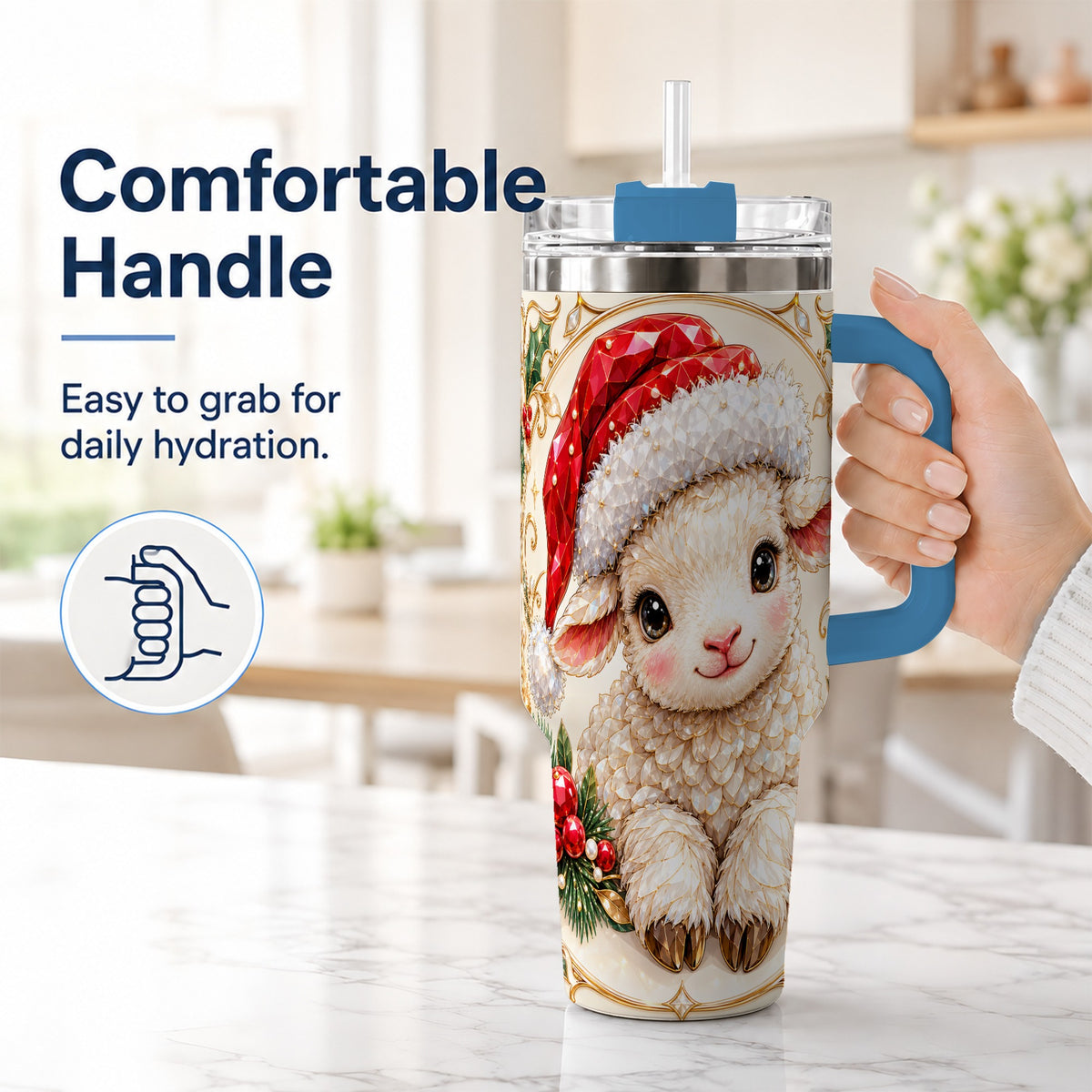 #pl[40oz|Blue] Geometric Christmas Lamb 40oz Tumbler with Handle, Ruby Holiday Sheep