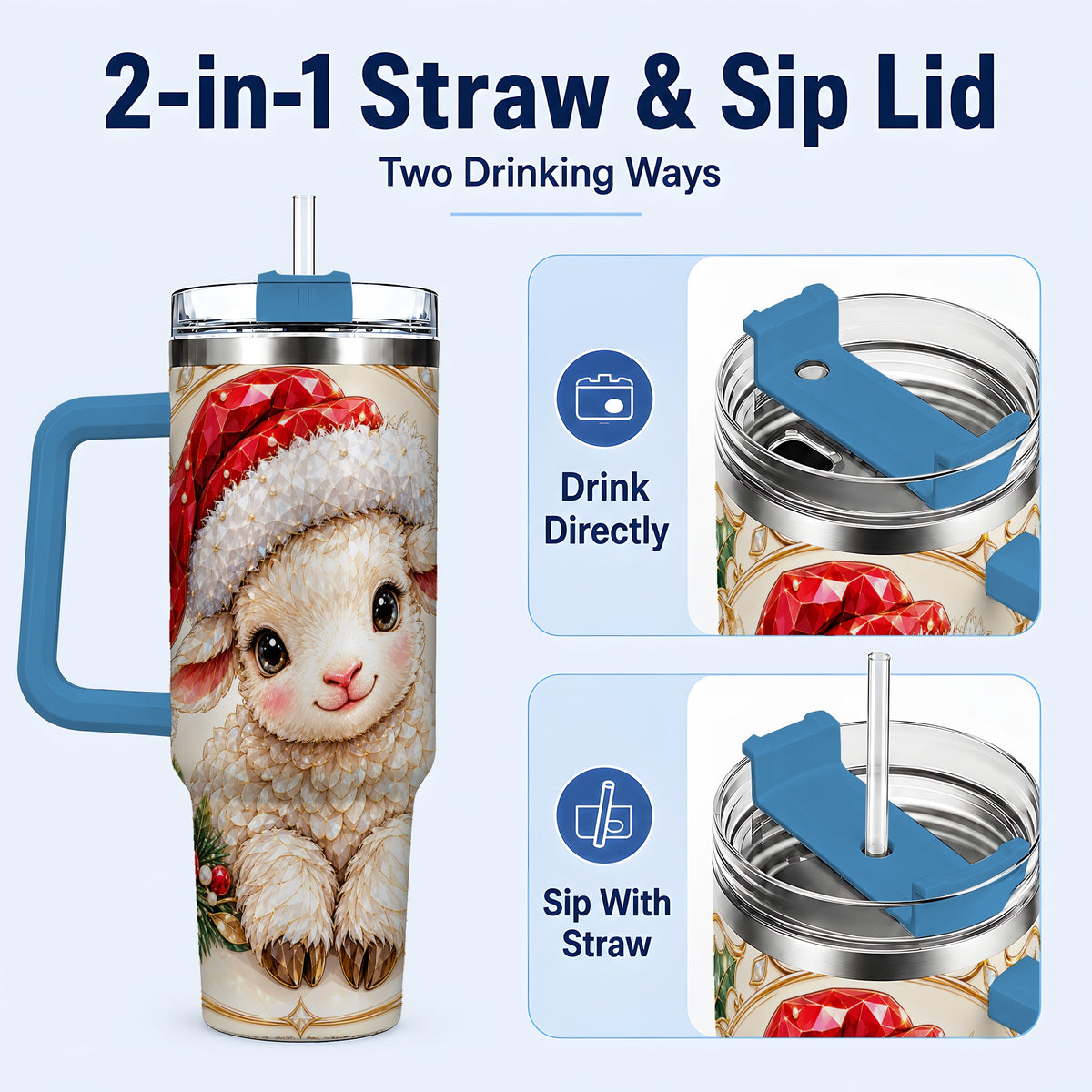 #pl[40oz|Blue] Geometric Christmas Lamb 40oz Tumbler with Handle, Ruby Holiday Sheep