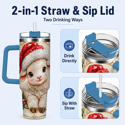 #pl[40oz|Blue] Geometric Christmas Lamb 40oz Tumbler with Handle, Ruby Holiday Sheep