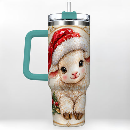 #pl[40oz|Green] Geometric Christmas Lamb 40oz Tumbler with Handle, Ruby Holiday Sheep
