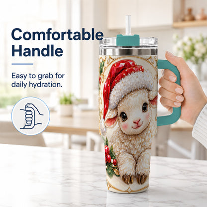 #pl[40oz|Green] Geometric Christmas Lamb 40oz Tumbler with Handle, Ruby Holiday Sheep