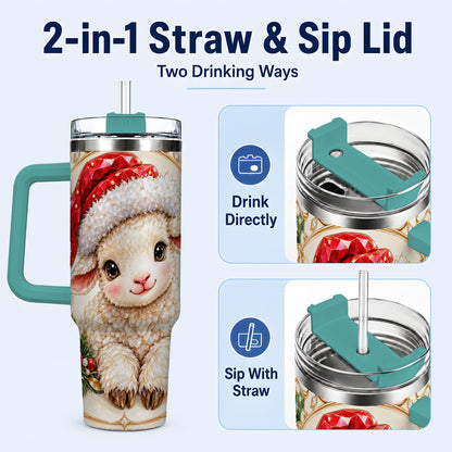 #pl[40oz|Green] Geometric Christmas Lamb 40oz Tumbler with Handle, Ruby Holiday Sheep