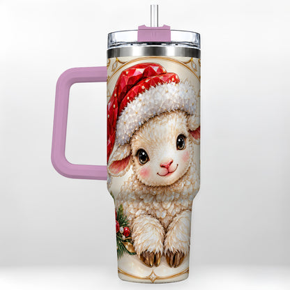 #pl[40oz|Pink] Geometric Christmas Lamb 40oz Tumbler with Handle, Ruby Holiday Sheep