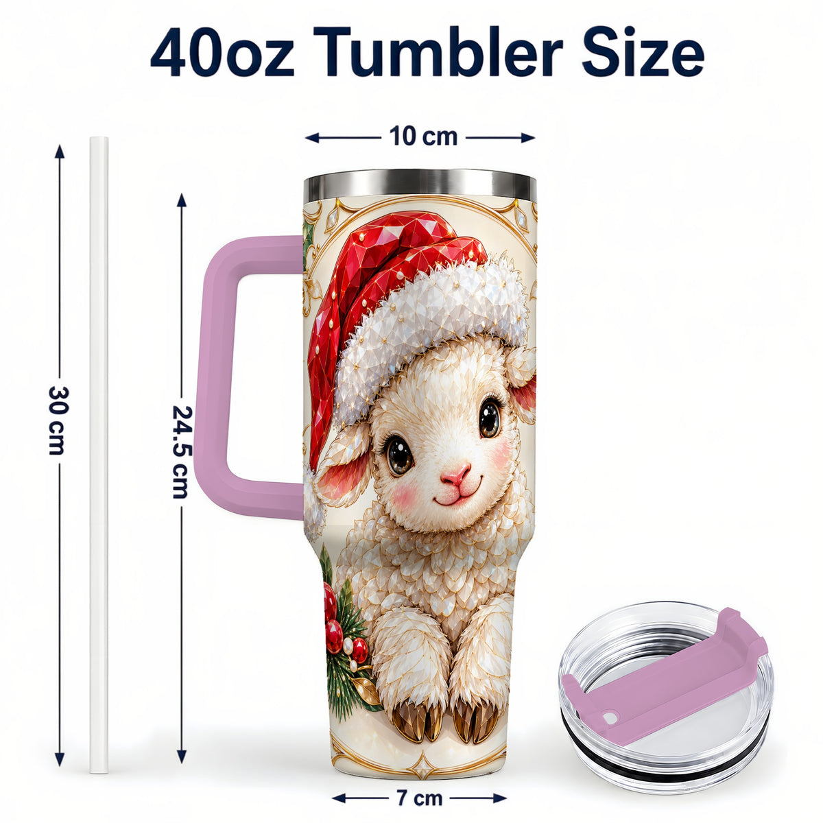 #pl[40oz|Pink] Geometric Christmas Lamb 40oz Tumbler with Handle, Ruby Holiday Sheep