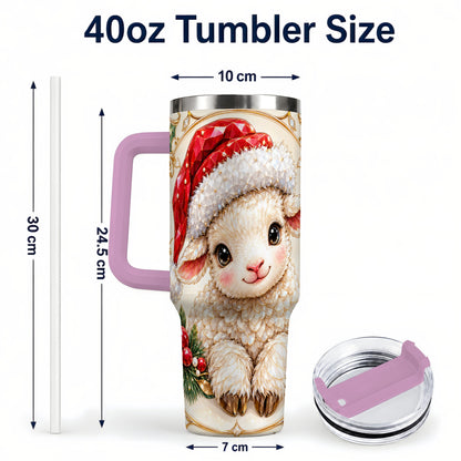 #pl[40oz|Pink] Geometric Christmas Lamb 40oz Tumbler with Handle, Ruby Holiday Sheep