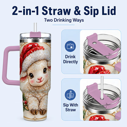 #pl[40oz|Pink] Geometric Christmas Lamb 40oz Tumbler with Handle, Ruby Holiday Sheep