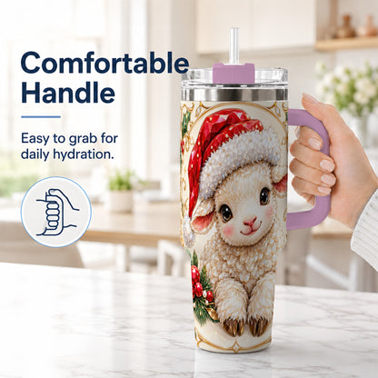 #pl[40oz|Pink] Geometric Christmas Lamb 40oz Tumbler with Handle, Ruby Holiday Sheep