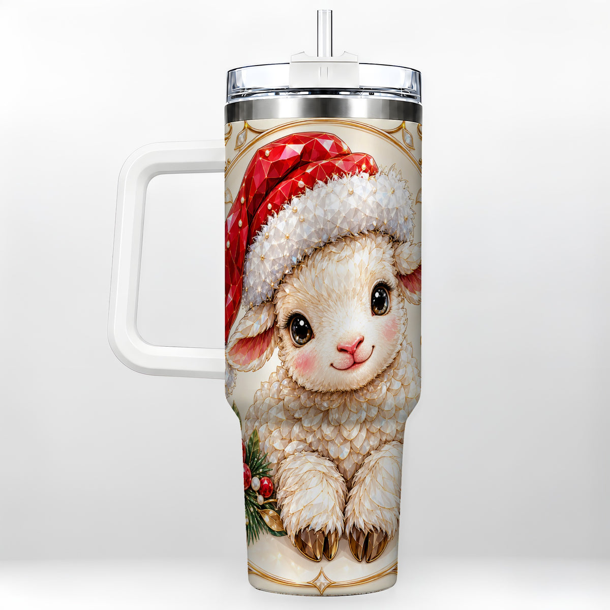 Geometric Christmas Lamb 40oz Tumbler with Handle, Ruby Holiday Sheep