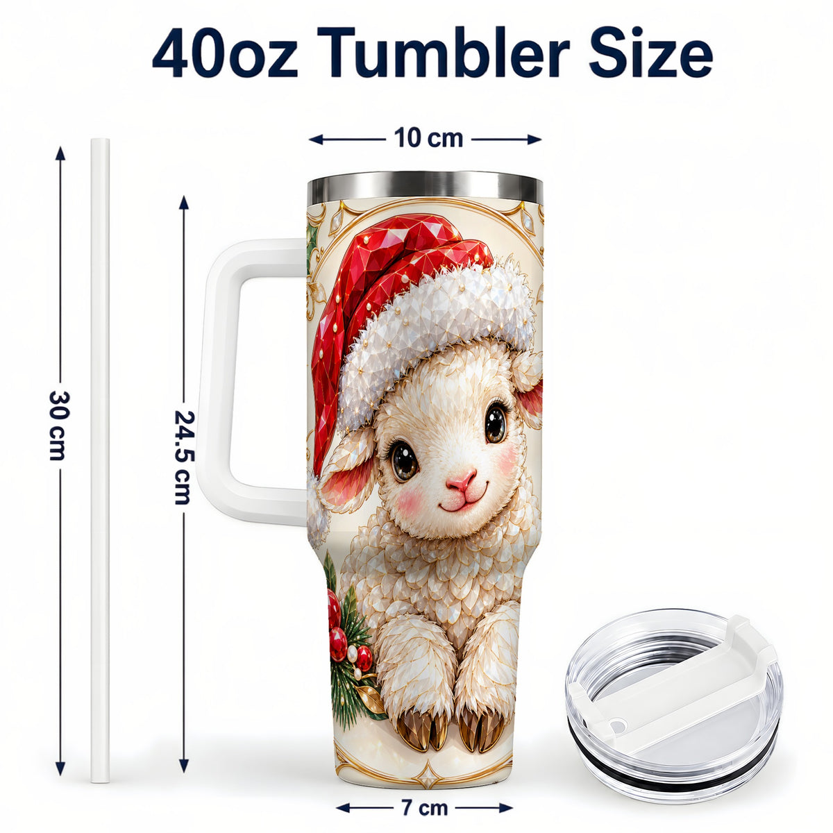 #pl[40oz|White] Geometric Christmas Lamb 40oz Tumbler with Handle, Ruby Holiday Sheep