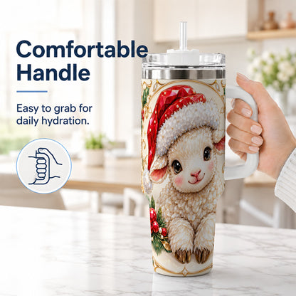 #pl[40oz|White] Geometric Christmas Lamb 40oz Tumbler with Handle, Ruby Holiday Sheep