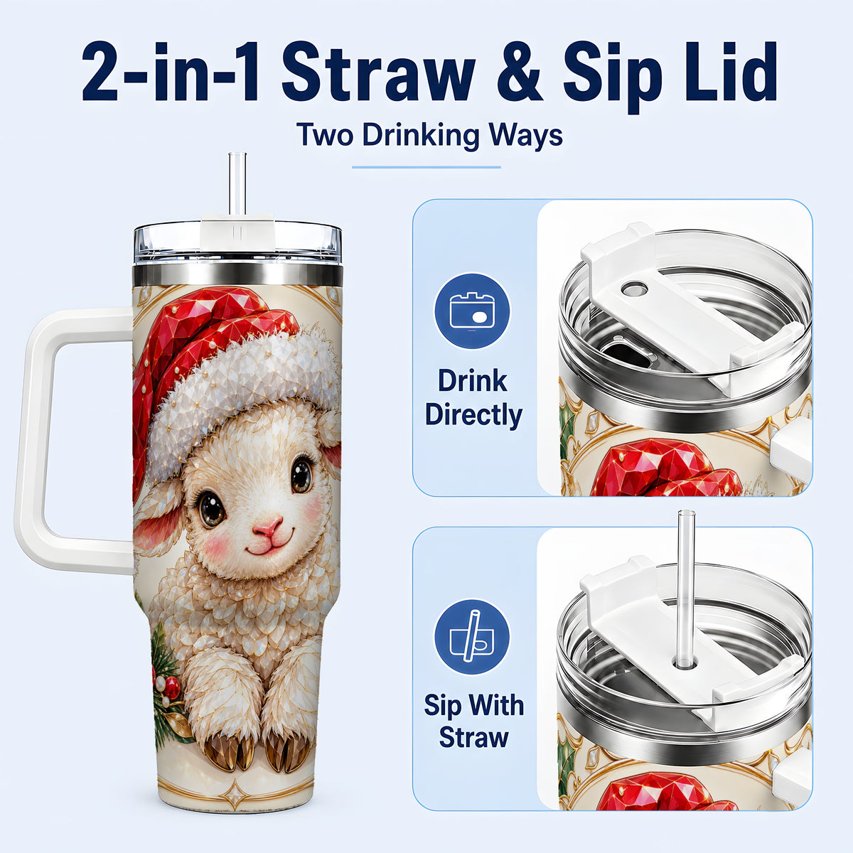 #pl[40oz|White] Geometric Christmas Lamb 40oz Tumbler with Handle, Ruby Holiday Sheep