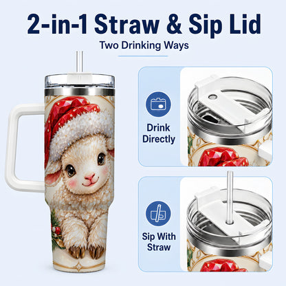 #pl[40oz|White] Geometric Christmas Lamb 40oz Tumbler with Handle, Ruby Holiday Sheep