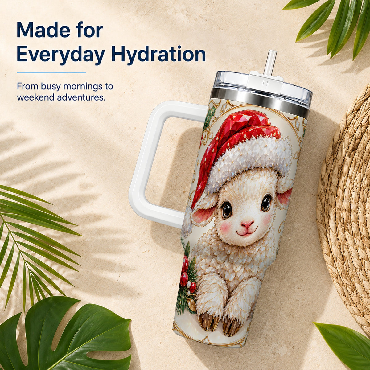 Geometric Christmas Lamb 40oz Tumbler with Handle, Ruby Holiday Sheep