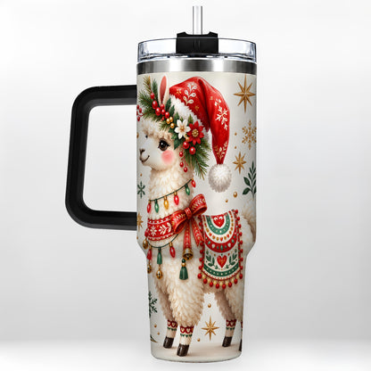 #pl[40oz|Black] Christmas Llama 40oz Tumbler with Handle, Festive Holiday Animal Art