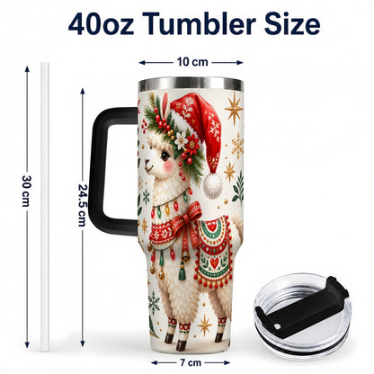 #pl[40oz|Black] Christmas Llama 40oz Tumbler with Handle, Festive Holiday Animal Art