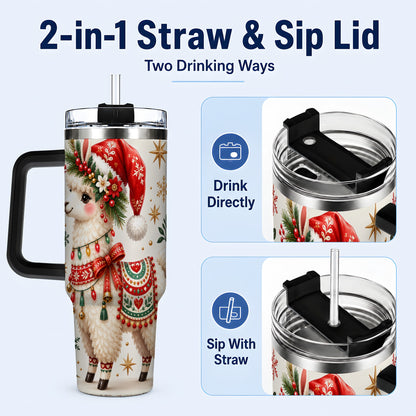 #pl[40oz|Black] Christmas Llama 40oz Tumbler with Handle, Festive Holiday Animal Art