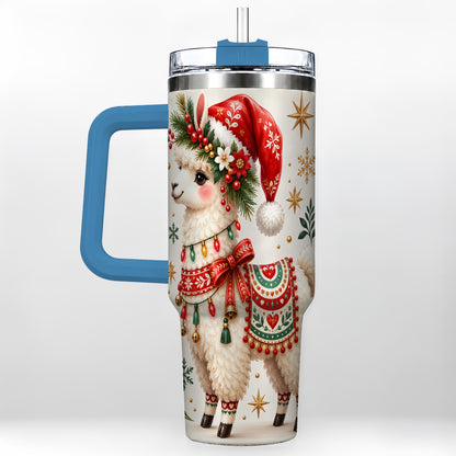 #pl[40oz|Blue] Christmas Llama 40oz Tumbler with Handle, Festive Holiday Animal Art