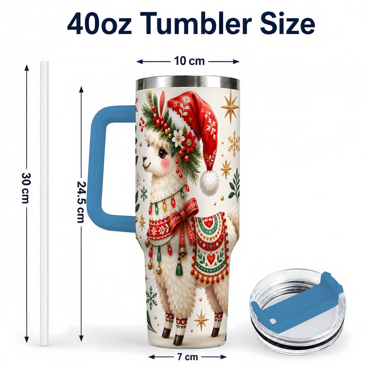 #pl[40oz|Blue] Christmas Llama 40oz Tumbler with Handle, Festive Holiday Animal Art