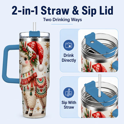 #pl[40oz|Blue] Christmas Llama 40oz Tumbler with Handle, Festive Holiday Animal Art