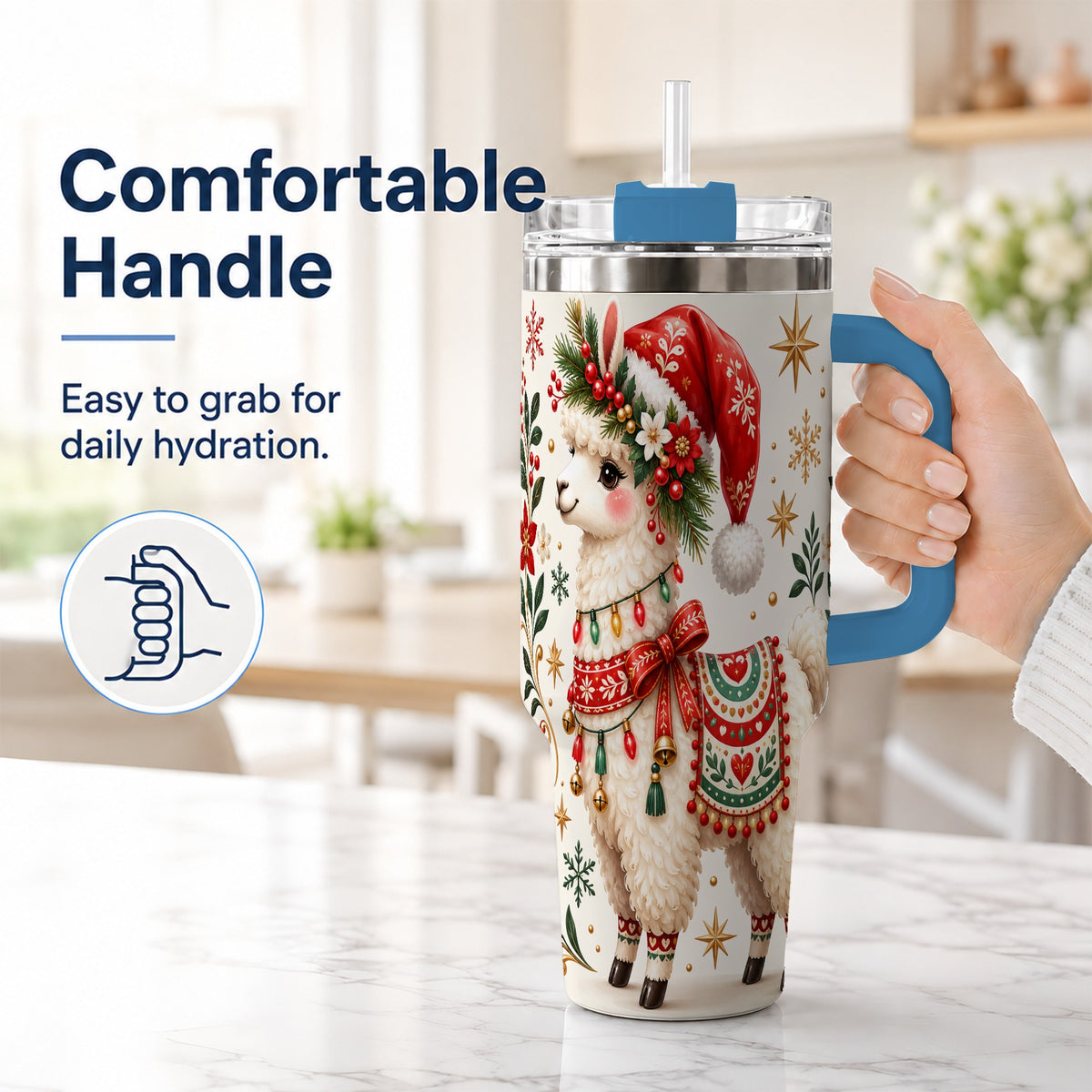 #pl[40oz|Blue] Christmas Llama 40oz Tumbler with Handle, Festive Holiday Animal Art