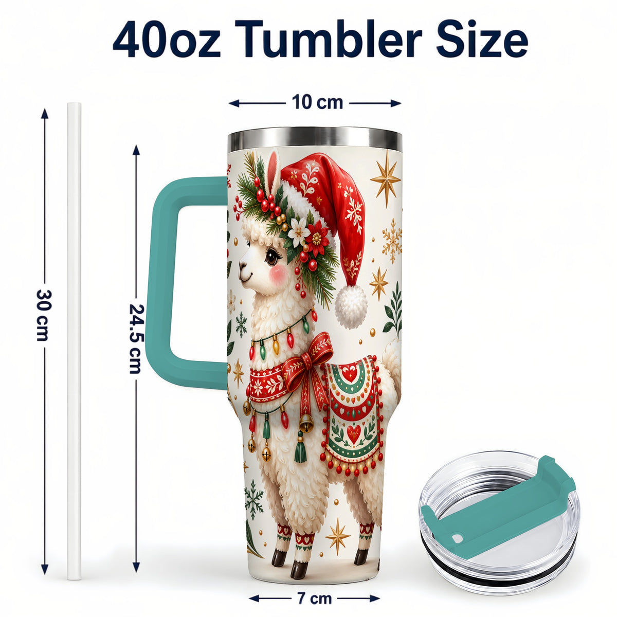 #pl[40oz|Green] Christmas Llama 40oz Tumbler with Handle, Festive Holiday Animal Art