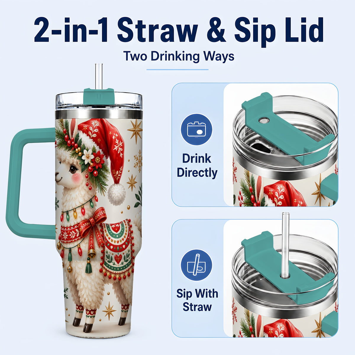 #pl[40oz|Green] Christmas Llama 40oz Tumbler with Handle, Festive Holiday Animal Art