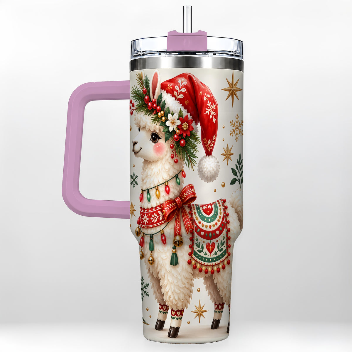 #pl[40oz|Pink] Christmas Llama 40oz Tumbler with Handle, Festive Holiday Animal Art