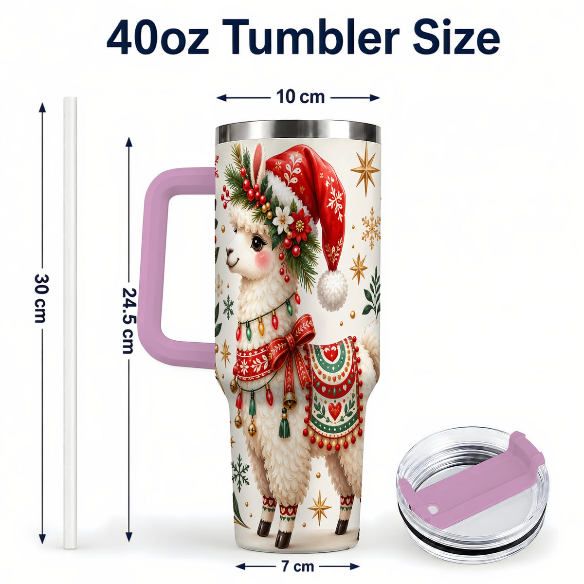 #pl[40oz|Pink] Christmas Llama 40oz Tumbler with Handle, Festive Holiday Animal Art