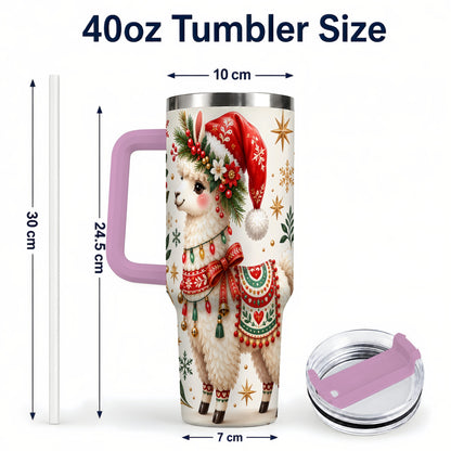 #pl[40oz|Pink] Christmas Llama 40oz Tumbler with Handle, Festive Holiday Animal Art