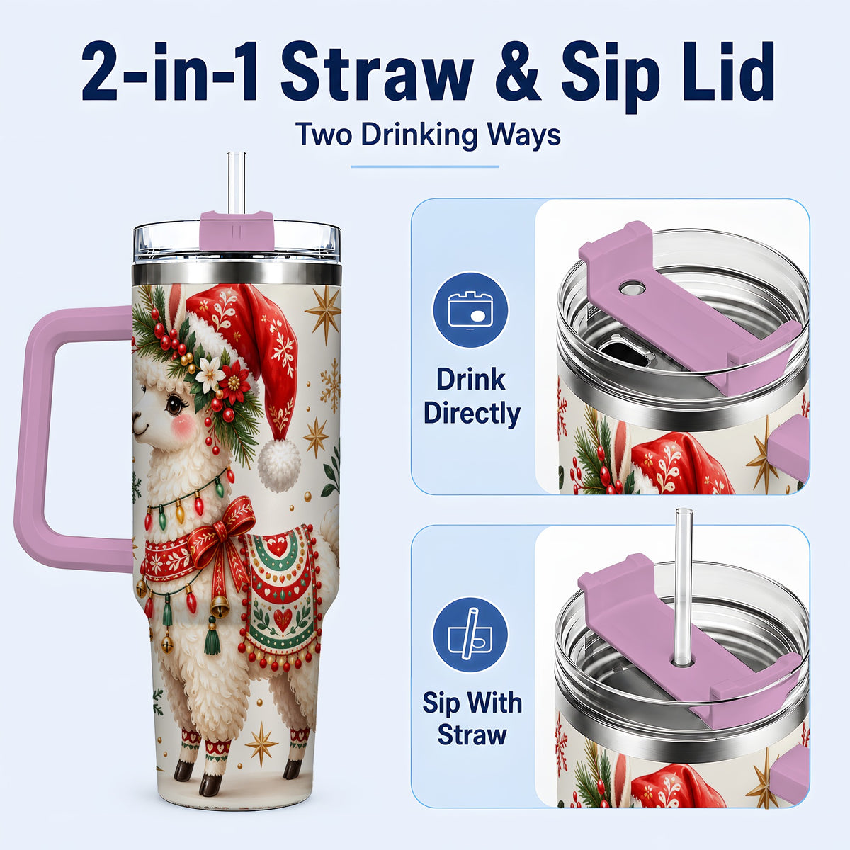 #pl[40oz|Pink] Christmas Llama 40oz Tumbler with Handle, Festive Holiday Animal Art