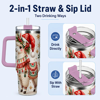 #pl[40oz|Pink] Christmas Llama 40oz Tumbler with Handle, Festive Holiday Animal Art
