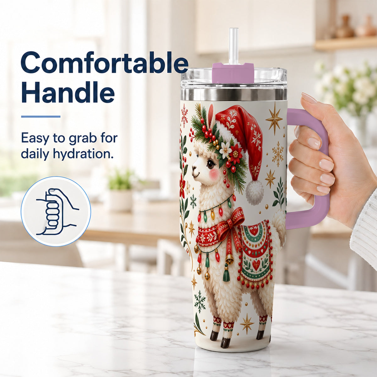 #pl[40oz|Pink] Christmas Llama 40oz Tumbler with Handle, Festive Holiday Animal Art