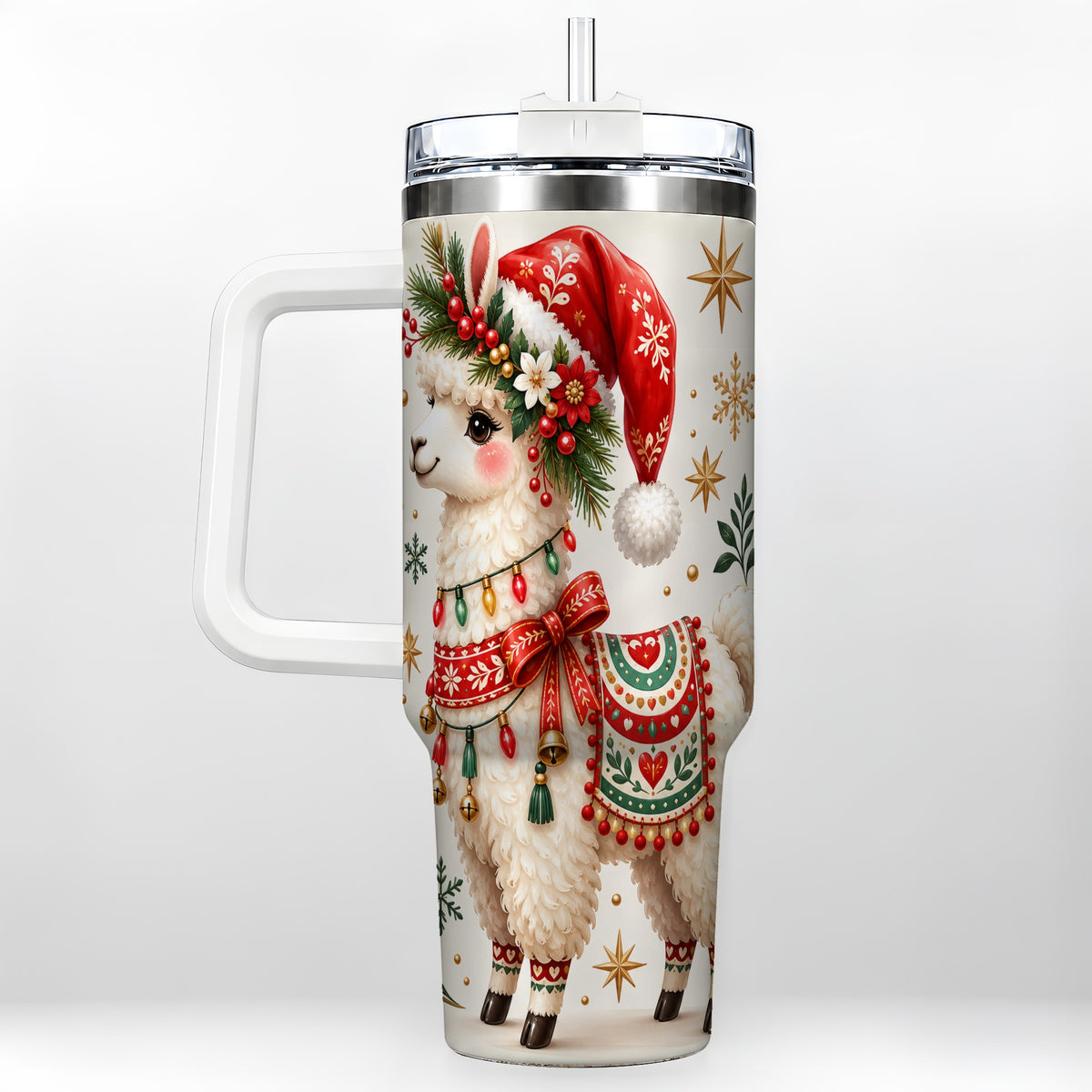 Christmas Llama 40oz Tumbler with Handle, Festive Holiday Animal Art