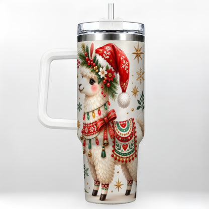 Christmas Llama 40oz Tumbler with Handle, Festive Holiday Animal Art