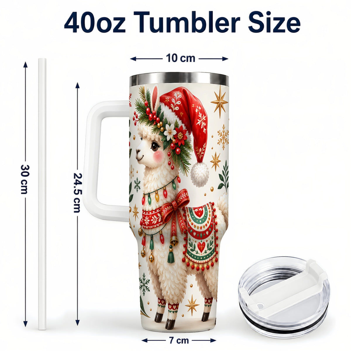 #pl[40oz|White] Christmas Llama 40oz Tumbler with Handle, Festive Holiday Animal Art